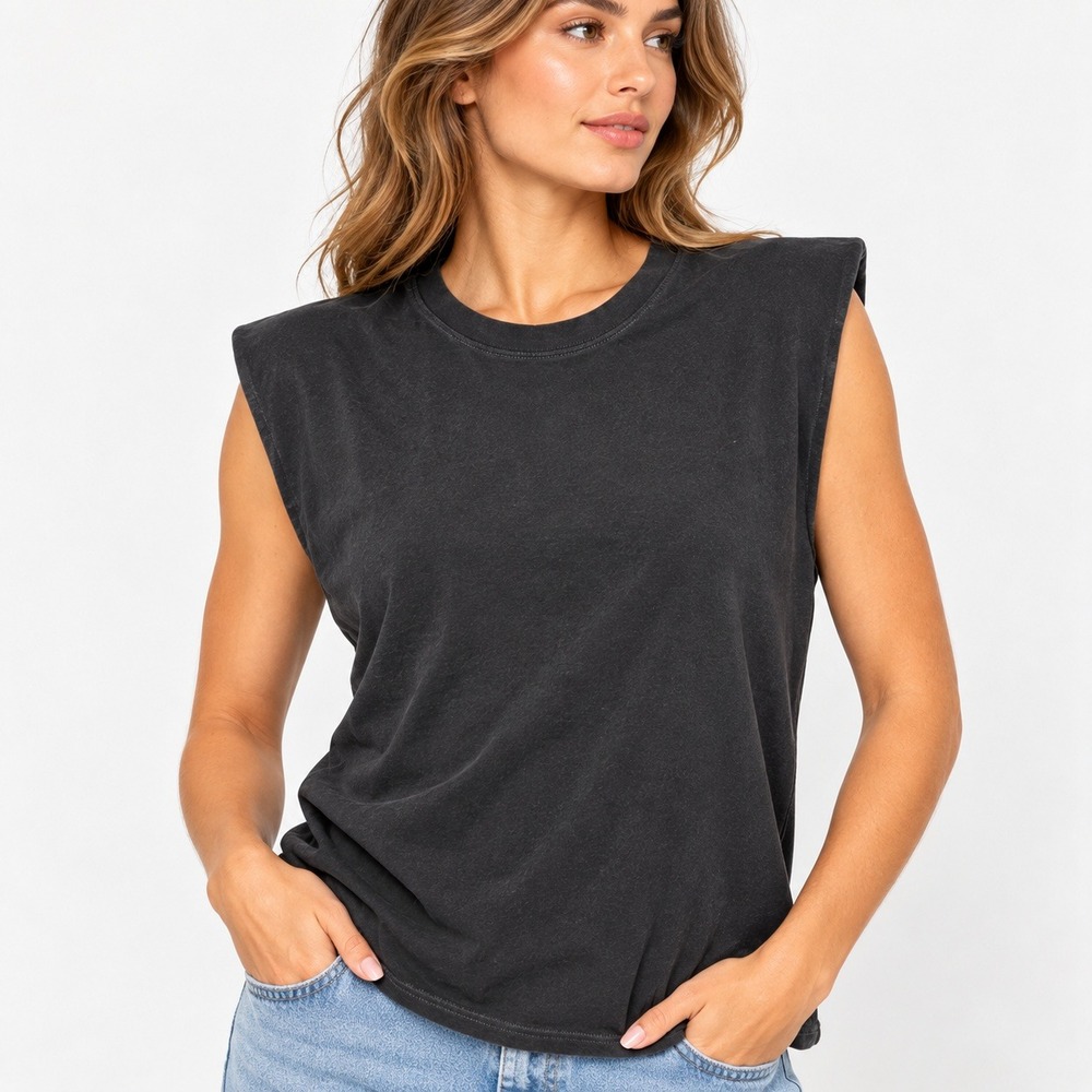 Alo Yoga Black Shoulder Pad Muscle Tank Top Sleeveless Cotton Crew Neck Womens M